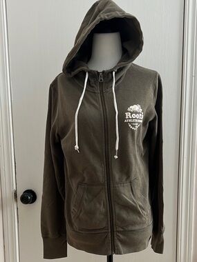 Roots | Women's Size Small Olive Green Zip-Up Hoodie with White Logo